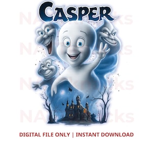 May include: A digital graphic featuring the word Casper in blue text above a central white ghost character surrounded by three smaller ghost figures. Below them is a dark, detailed mansion silhouette with bare trees and bats against a blue sky.