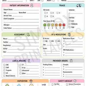 May include: A printable ER Nurse brain sheet featuring sections for patient information, triage, assessment, IV and medications, labs and imaging, provider orders, disposition, and a safety checklist. The document includes icons and text fields.