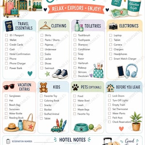 May include: A printable hotel stay checklist featuring categories for travel essentials, clothing, toiletries, electronics, vacation extras, kids, pets, and pre-departure tasks. The design includes colourful illustrations of luggage, a hotel, and travel icons with text.
