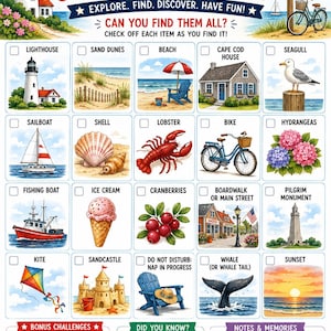 Peut inclure: Une fiche d'activité de chasse au trésor à Cape Cod illustrant un phare, des éléments de plage et des monuments locaux. La grille comprend des dessins de voilier, homard, vélo, hortensias, bateau de pêche, glace, canneberges et queue de baleine.