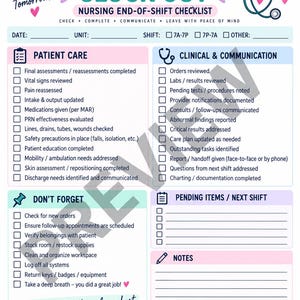Könnte beinhalten: Eine Checkliste für das Ende der Pflegeschicht mit dem Titel Before You Clock Out, die Abschnitte für Patientenversorgung, klinische Kommunikation, anstehende Aufgaben und Notizen sowie verschiedene Kontrollkästchen enthält.