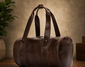 Premium Handcrafted Brown Leather Duffel Bag  Luxury Travel & Weekend Bag Black Lined Interior