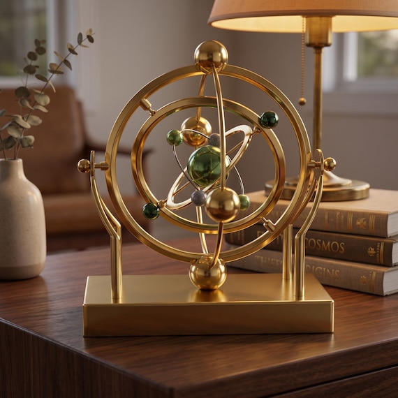 A handcrafted celestial orrery-style kinetic sculpture with rotating orbiting rings and a pendulum — equal parts astronomy model and mesmerizing desk art for the science-minded.