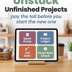 May include: A tablet screen displays a four-quadrant grid with the text Unstuck Unfinished Projects pay the toll before you start the new one. The grid contains Spark Dump, Project Ledger, Toll Gate, and Finish Rate Check. Bottom text reads GOODNOTES • NOTABILITY • HYPERLINKED PDF.