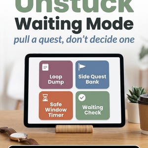 Könnte beinhalten: Ein Tablet mit einem digitalen Planer namens Unstuck Waiting Mode und dem Text pull a quest, don't decide one. Der Bildschirm zeigt vier farbige Quadrate mit den Bezeichnungen Loop Dump, Side Quest Bank, Safe Window Timer und Waiting Check.