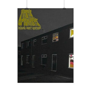 May include: A poster featuring a dark, nighttime view of a brick row house with illuminated windows. The text ARCTIC MONKEYS and FAVOURITE WORST NIGHTMARE appears in a stylized, bold yellow font at the top left against the dark gray sky.