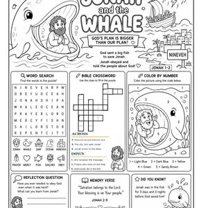 Può includere: Un foglio di attività in bianco e nero intitolato Jonah and the Whale che include un cruciverba, un gioco di ricerca parole, colora per numero, domande di riflessione e un versetto, con illustrazioni di un pesce, una barca e Giona.