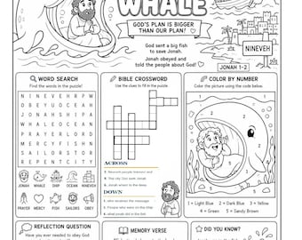 May include: A black and white activity sheet titled Jonah and the Whale featuring a word search, crossword puzzle, color by number, reflection questions, and memory verse. The page includes illustrations of a large fish, a boat, and Jonah.