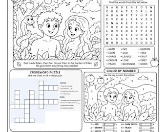 May include: A black and white activity sheet titled Adam and Eve featuring a word search, a crossword puzzle, a colour by number section, a memory verse, and a reflection question. The page includes illustrations of Adam, Eve, a snake, and a lion.