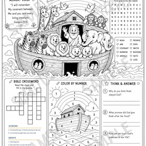 Pode incluir: Uma folha de atividades em preto e branco com o tema da Arca de Noé. Inclui uma grande ilustração da arca com animais, um versículo para memorizar, um caça-palavras, uma palavra cruzada bíblica, uma seção de colorir por números e três perguntas.