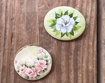 Set of Two Vintage Hand Painted Floral Brooches