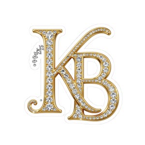 May include: A decorative monogram featuring the letters K and B intertwined. The letters are rendered in a polished gold finish and are heavily encrusted with numerous small, clear, sparkling crystals throughout the entire surface area.