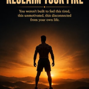 May include: A poster featuring the text RECLAIM YOUR FIRE and the sentence You weren't built to feel this tired, this unmotivated, this disconnected from your own life. Below the text is a silhouette of a person standing on a mountain peak.