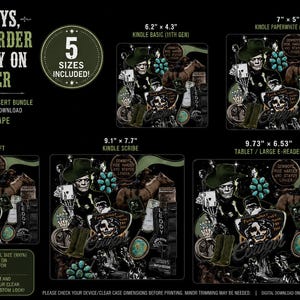 May include: A digital download bundle of five landscape-oriented e-reader and tablet inserts featuring a cowboy-themed graphic with the text 'COWBOYS, RIDE HARDER AND STAY ON LONGER'. Sizes include 6.2 x 4.3 inches, 7 x 5 inches, 9.1 x 7.7 inches, and 9.73 x 6.53 inches.