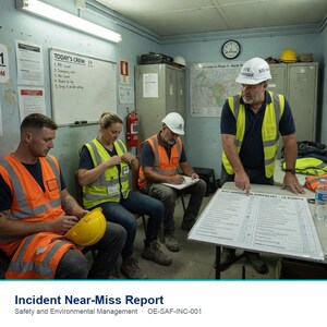 May include: Four construction workers in high-visibility orange and yellow vests and hard hats gather in an induction room. One worker points to an inspection checklist on a table while others sit nearby. The room features safety posters and maps.