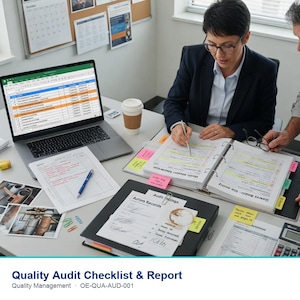 May include: A Quality Audit Checklist & Report document set featuring a laptop displaying a spreadsheet, a binder with highlighted pages, a calculator, and various office supplies on a desk. The text Odyssey Engineering is visible.
