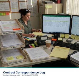 May include: A three-tier beige plastic document tray labeled IN-NOTICES/CORRESPONDENCE, TO REVIEW, and OUT-ACKNOWLEDGED, filled with stacks of white paper documents, sitting on an office desk with two computer monitors and office supplies.