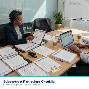 May include: A professional office setting featuring a wooden conference table covered with multiple binders, loose-leaf documents, a laptop, a stapler, and two coffee cups. A yellow sticky note on a document displays the text SUB-031.