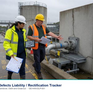 May include: Two engineers in high-visibility jackets and hard hats inspect a concrete wall with a vertical crack and metal piping at a water treatment facility. One holds a tablet and the other holds a document. Text reads: Defects Liability / Rectification Tracker.