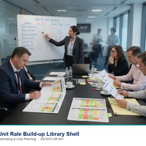 May include: A professional business meeting in a conference room featuring a white board with a Bid/No-Bid Checklist, documents with colour-coded charts, a laptop, and coffee cups on a dark table. The text Odyssey Engineering Unit Rate Build-up Library Shell Estimating & Cost Planning OE-EST-UR-001 is visible.