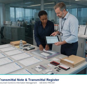May include: A professional office setting featuring a table covered with numerous white document forms, clear plastic sleeves, brown folders, and a tablet. The text on the document reads Transmittal Note & Transmittal Register.