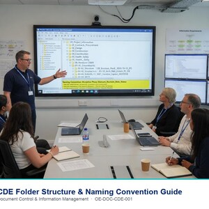 May include: A professional meeting in a conference room featuring a large digital display showing a CDE folder structure and naming convention guide. A presenter stands by the screen while colleagues sit at a table with laptops and notebooks.