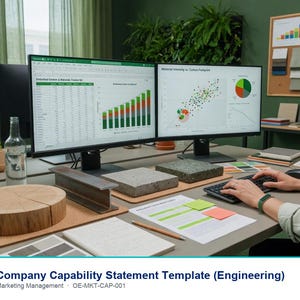 May include: A dual-monitor workstation displaying data spreadsheets and scatter plot charts. On the desk are a circular wood slice, a steel I-beam, two square concrete samples, a glass water bottle, a potted plant, and various paper documents.