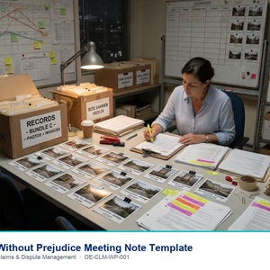 May include: A workspace featuring a desk with a cardboard box labelled RECORDS - BUNDLE C - PHOTOS + INVOICES, a box labelled SITE DIARIES 2023-24, numerous printed photographs with labels, stacks of documents, a yellow highlighter, and a stapler.