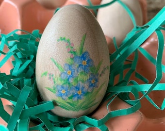 Painted Wood Forget Me Not Happy Easter - Easter Egg