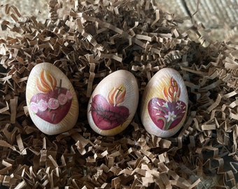 Set of Three Holy Family Hearts Wood Eggs