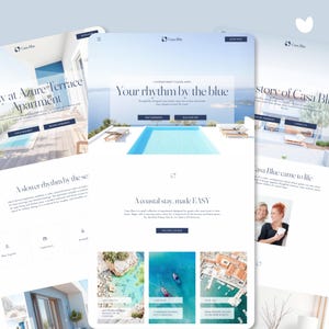 May include: A website interface for Casa Blue featuring a central landing page with a swimming pool image, text headers including Your rhythm by the blue and A coastal stay, made EASY, navigation buttons, and three smaller image panels at the bottom.