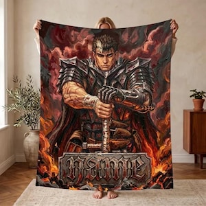 Couverture en flanelle Berserk personnalisée, plaid polaire personnalisé « Guts In Fire », tapisserie murale manga dark fantasy, cadeau de décoration pour chambre d'anime avec un épéiste