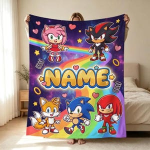 Coperta personalizzata con nome Sonic Shadow Rainbow, coperta in pile a tema videogiochi cosmici, decorazione colorata per la biancheria da letto a tema anime, regalo di compleanno personalizzato per bambini