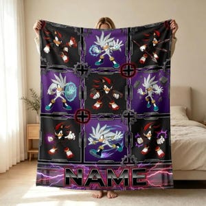 Manta personalizada com nome, sombra e estampa quadriculada prateada, manta de flanela do Sonic The Hedgehog, decoração para sala de jogos, presente para crianças.