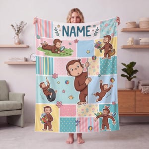 Personalized Curious George Blanket, Cute Monkey Kids Throw, Storybook Nursery Gift for Toddler Boy Girl, Custom Name Flannel Bedding