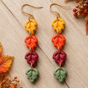 Handmade Polymer Clay Leaf Earrings, Cascading Autumn Dangles, Lightweight Fall Jewelry