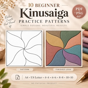 Op de afbeelding: Een digitale download voor 10 Kinusaiga-oefenpatronen voor beginners, met een zwart-wit lijntekening en een gekleurd voorbeeld met gebogen segmenten in bruin-, groen-, oranje-, blauw- en paarstinten, inclusief tekst.