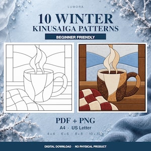 Puede incluir: Una descarga digital con 10 patrones de Kinusaiga de invierno, incluyendo archivos PDF y PNG en tamaños A4 y US Letter. La imagen muestra una plantilla de arte lineal en blanco y negro junto a una versión coloreada de una taza con vapor.