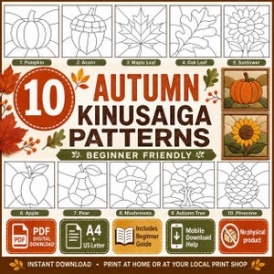 May include: A digital collection of 10 autumn Kinusaiga patterns featuring line art of a pumpkin, acorn, maple leaf, oak leaf, sunflower, apple, pear, mushrooms, tree, and pinecone. Includes PDF, A4, and US Letter formats with a beginner guide.