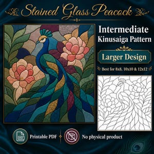 Kinusaiga Pattern, Intermediate Peacock, No-Sew Fabric Art Template (3 Sizes)