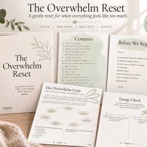 Puede incluir: Un libro de ejercicios titulado The Overwhelm Reset con cubierta blanda y varias páginas interiores mostradas. Las páginas incluyen texto, listas y diagramas con detalles en verde salvia e ilustraciones botánicas. El set incluye 17 páginas.