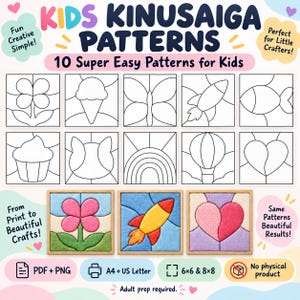 Peut inclure: Une collection numérique de 10 modèles de Kinusaiga pour enfants, présentant des dessins au trait d'une fleur, glace, papillon, fusée, poisson, cupcake, chat, arc-en-ciel, montgolfière et cœur, avec trois exemples finis dans des cadres en bois.