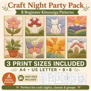 Peut inclure: Pack de soirée artisanale avec 8 modèles Kinusaiga pour débutants. Comprend des motifs de fleur, champignon, chat, coucher de soleil, plante, papillon, soleil et maison. Téléchargement numérique avec 3 formats d'impression : A4, US Letter, 8x8.