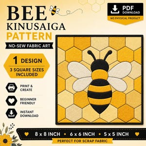 Kinusaiga-patroon, Bij, Naaivrij textielkunstsjabloon (3 maten)