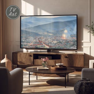 May include: A flat-screen television displaying a digital landscape painting of a town nestled in mountains with fireworks in the sky. The screen features a circular logo in the top left corner with the text TV Art in white lettering.