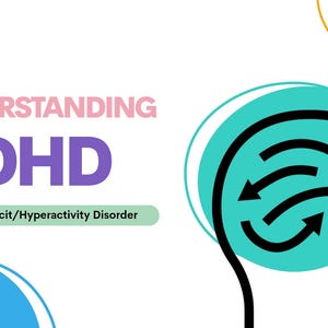 Puede incluir: Un diseño gráfico con el texto UNDERSTANDING ADHD y Attention-Deficit/Hyperactivity Disorder. El contorno negro de un perfil de cabeza humana contiene un círculo turquesa con flechas negras apuntando en varias direcciones, con acentos naranjas y azules.