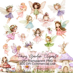 Puede incluir: Una colección de ilustraciones en acuarela que muestran varias hadas con alas, un ciervo con una corona de flores y setas. El texto Fairy Garden Clipart 25+ Transparent PNG 300 DPI Commercial Use está superpuesto en la parte inferior central.