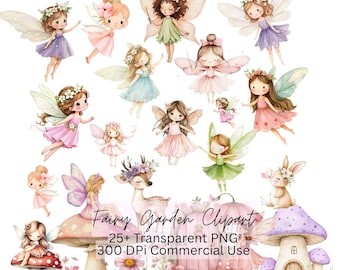 Puede incluir: Una colección de ilustraciones en acuarela que muestran varias hadas con alas, un ciervo con una corona de flores y setas. El texto Fairy Garden Clipart 25+ Transparent PNG 300 DPI Commercial Use está superpuesto en la parte inferior central.