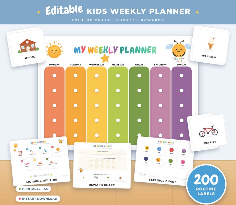 Routine Weekly Planner Editable Chore Chart for Kids, Printable ...
