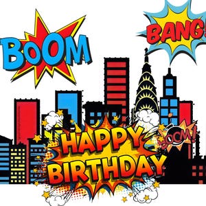 Puede incluir: Una colorida ilustraci&oacute;n gr&aacute;fica que presenta la silueta del horizonte de una ciudad con globos de texto estilo c&oacute;mic que contienen el texto BOOM, BANG y HAPPY BIRTHDAY en letras negritas y vibrantes con acentos amarillos, rojos y azules.